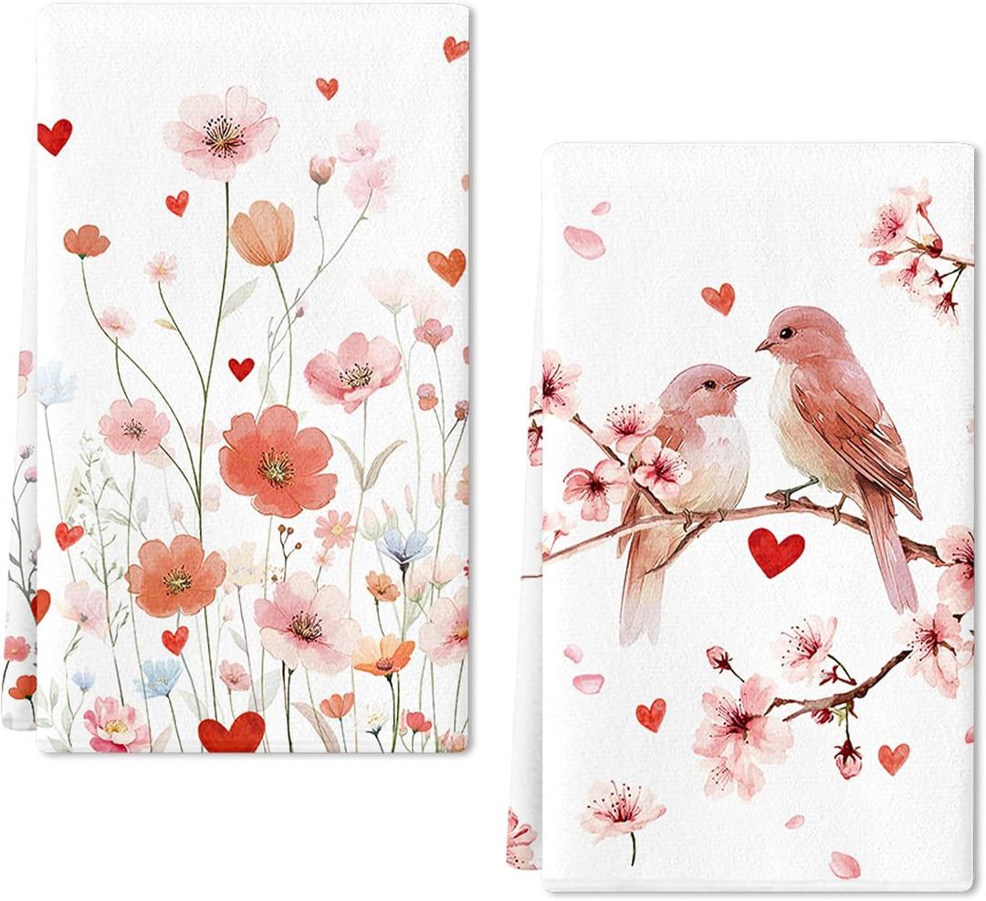 Valentines Day Kitchen Towels Set of 2,16x24 Inch Valentines Day Dish Towels Magpie Poppy Flower Absorbent Drying Cloth Tea Towels for Anniversary Wedding Decoration Hand Towels