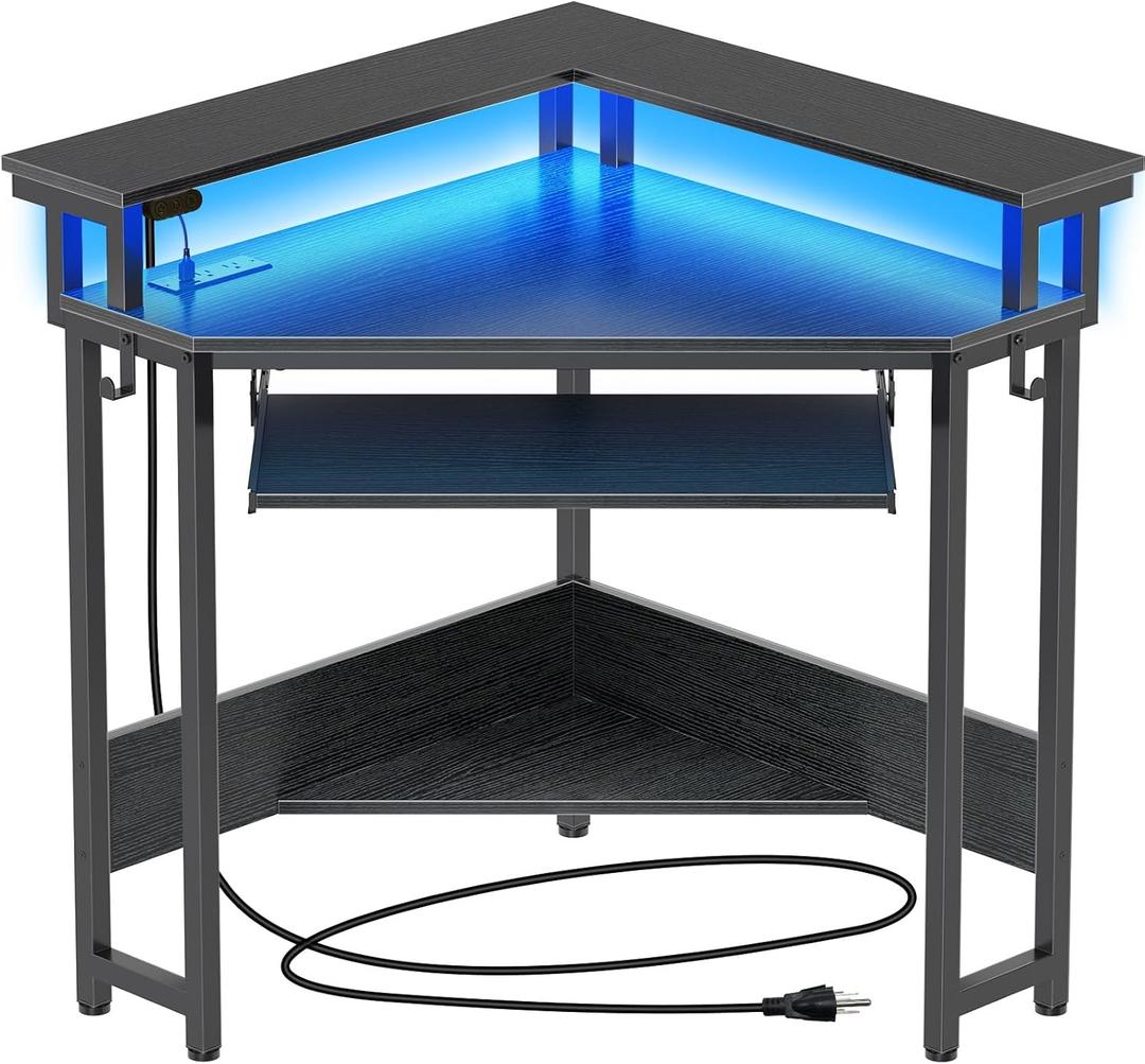 Rolanstar Corner Desk,44.5" W x 34.5" H Small Computer Desk with Power Outlets, Gaming Desk with LED Lights, Triangle Corner Table with Keyboard Tray & Monitor Stand for Small Space, Black