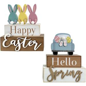 2 Pack Happy Easter Decorations for Home Bunny Truck Easter Decor Rustic Wooden Spring Rabbit Signs Farmhouse Tables Decorations Block Gifts Indoor Tiered Tray Kitchen Shelf Party