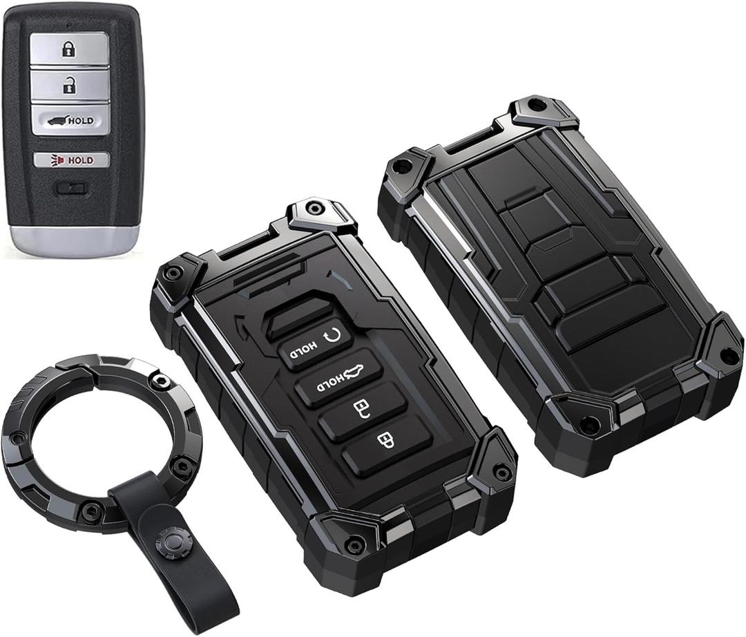 Heavy Key Fob Cover for Acura, Keychain, Metal Silicone Key Fob Case Compatible with Acura MDX 2014-2020,Acura RDX 2015-2021, ILX RLX TLX 2015-2022 (Black, R Buckle)