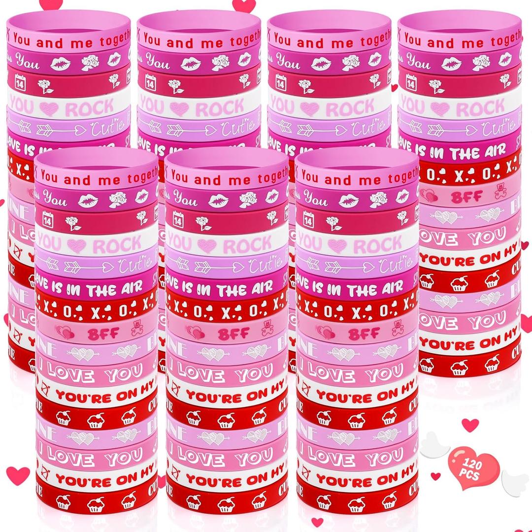 120 PCS Valentine's Day Rubber Wristbands For Adult Party Supplies and Party Favors