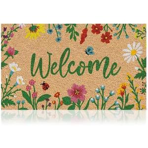 Floral - 17"x29" - Coir Door Mat with Heavy Duty Backing - Welcome Mats for Entryway, Porch - Anti-Slip PVC & Coconut Fiber Surface -Natural Home Accessories, Minimalist Original Design
