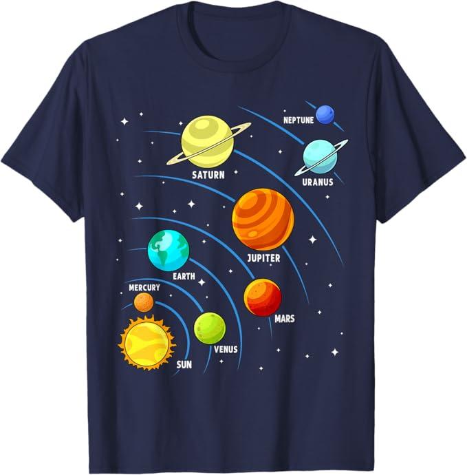 Kids Colorful Planets Solar Systems Mens Boys Space Science T-Shirt, Small
