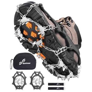 Sportneer Crampons： Ice Cleats for Shoes and Boots with 28 Spikes - Traction Slip-on Stretch Footwear for Walking and Shoveling on Ice and Snow - Lightweight for Women and Men