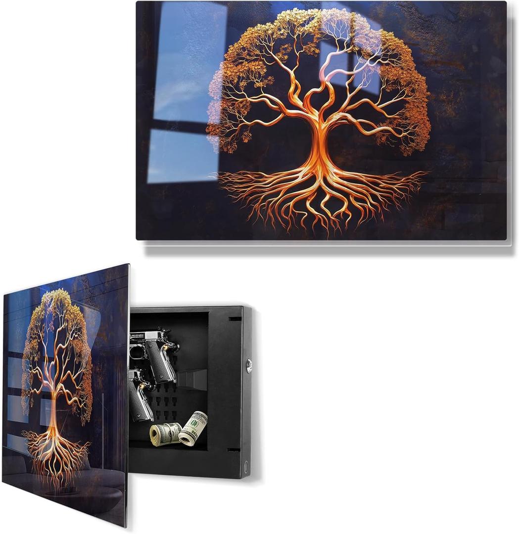 Biometric Gun Safe for Handgun, Pistol Safe with Fingerprint & KEY Access, Tree of Life Tempered Glass Hidden Gun Storage with Decor Function For Wall-Mounted