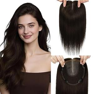 HappyNewHair Toppers for Women Real Human Hair 6x7inch Large Base 360° Cover 12inch Hairpieces for Women with Thinning Hair Dark Brown Add Hair Volume (#2Toppers-14inch)