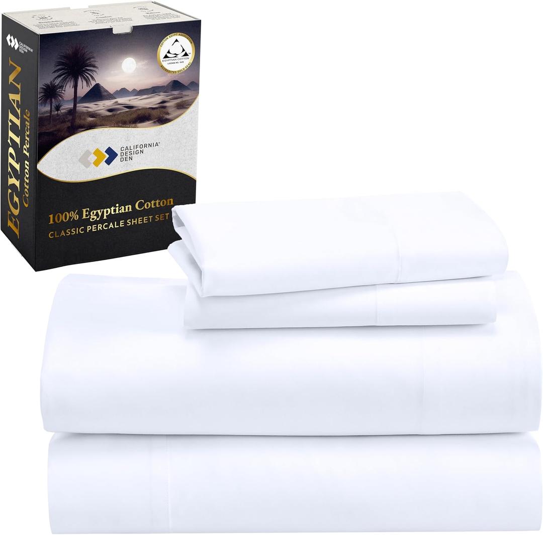 California Design Den Certified 100% Egyptian Cotton Sheets Queen Size Bed Set - Crisp Percale Queen Sheet Set Deep Pocket, Cool & Durable Luxury Bedding - White