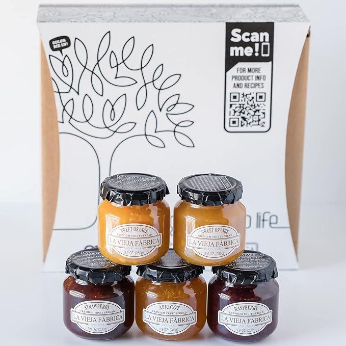 La Vieja Fabrica Fruit Spread Gift Box – Includes Sweet Orange, Peach, Apricot, Raspberry & Strawberry Jam – 9.9 oz (5 Jars)
 BB 9/11/2025