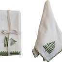 Creative Co-Op Cotton Napkins with Embroidered Tree and Edge, Natural and Green, Set of 4