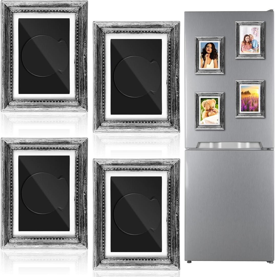 Geelin 4 Pcs Refrigerator Magnetic Vintage Frame 3.66 x 2.95 Inch Small Vintage Refrigerator Magnets Picture Frames Mini Antique Ornate Photo Frame Insert for Photos Painting Stuck on Fridge(Silver)