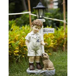 Solar Boy Statue Welcome Sign Garden Statues for Garden Decor, Porch, Lawn, Yard Art Decorations, Resin 23.2H inch