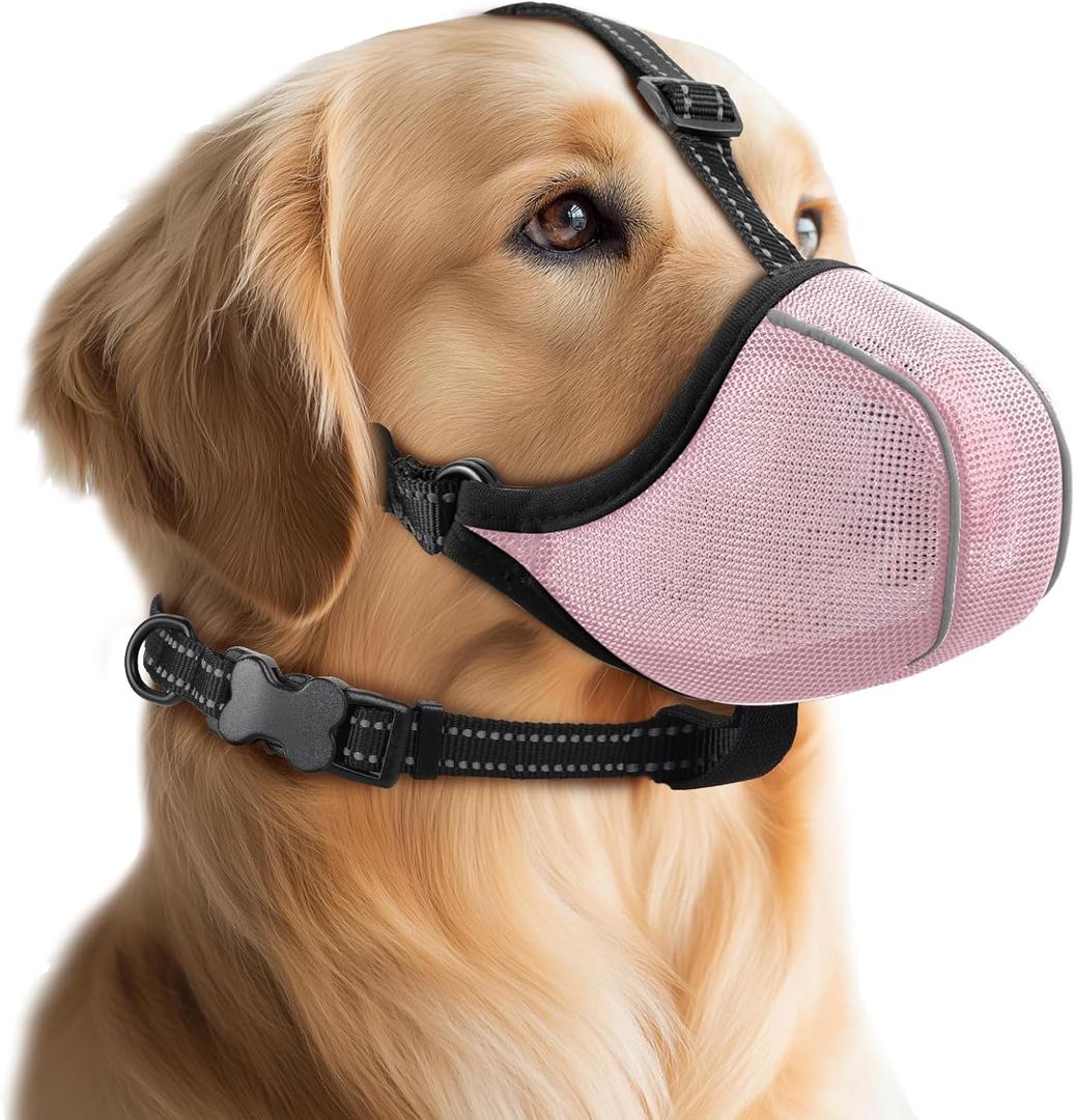 Dog Muzzle - Soft Breathable Mesh Nylon Adjustable Muzzle for Small Medium Large Dogs | Prevents Chewing,Biting & Scavenging | Allows Panting, Drinking & Grooming | Secure Collar Strap Design(Pink L)