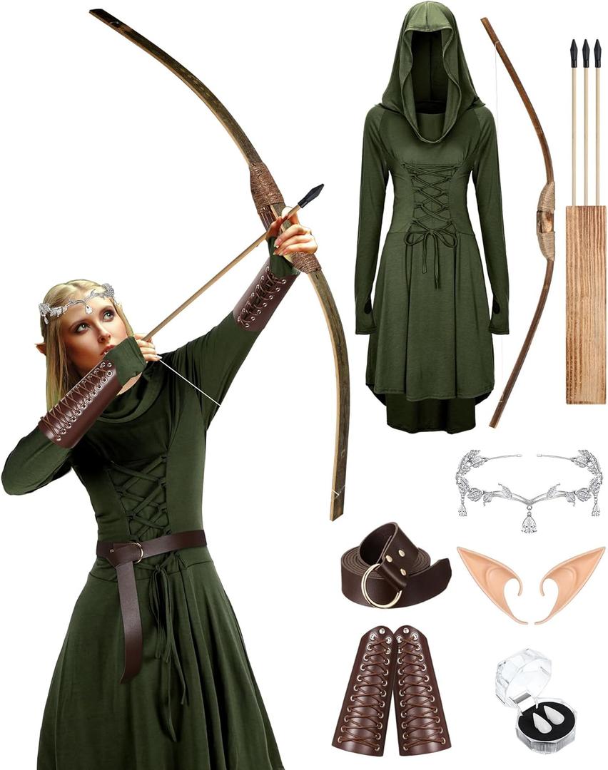 Langyiwee 10 Pcs Renaissance Elf Costume Fairy Elf Costume Medieval Archer Viking Elf Costume for Renfaire Women Halloween (Large)
