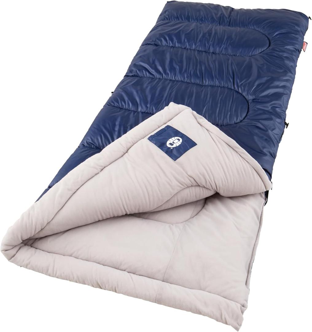 Coleman Brazos 20/30F Adult Cool-Weather Sleeping Bag with No-Snag Zipper & Stuff Sack, Machine Washable, Great for Camping, Traveling, Guests, & More (PFAS-Free), Blue 