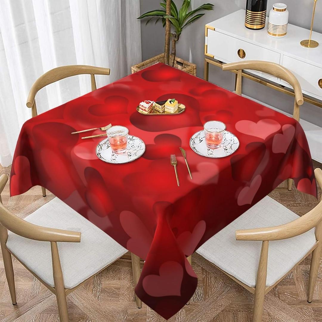 BETGINY Valentines Day Tablecloth - 60 Inch Square Red Romantic Tablecloth with Love Hearts Pattern - Dust-Proof & Wrinkle Resistant - Perfect for Home Dining Room & Parties