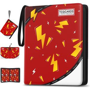 Trading Card Binder 4 Pocket,400 Pocket Card Collection Binder with 50 Removable Sleeves,PU Waterproof Top Card Book,3-Ring Zipper Collectible Trading Card Album for MTG/TCG/Card Holder GiftRed (Small)