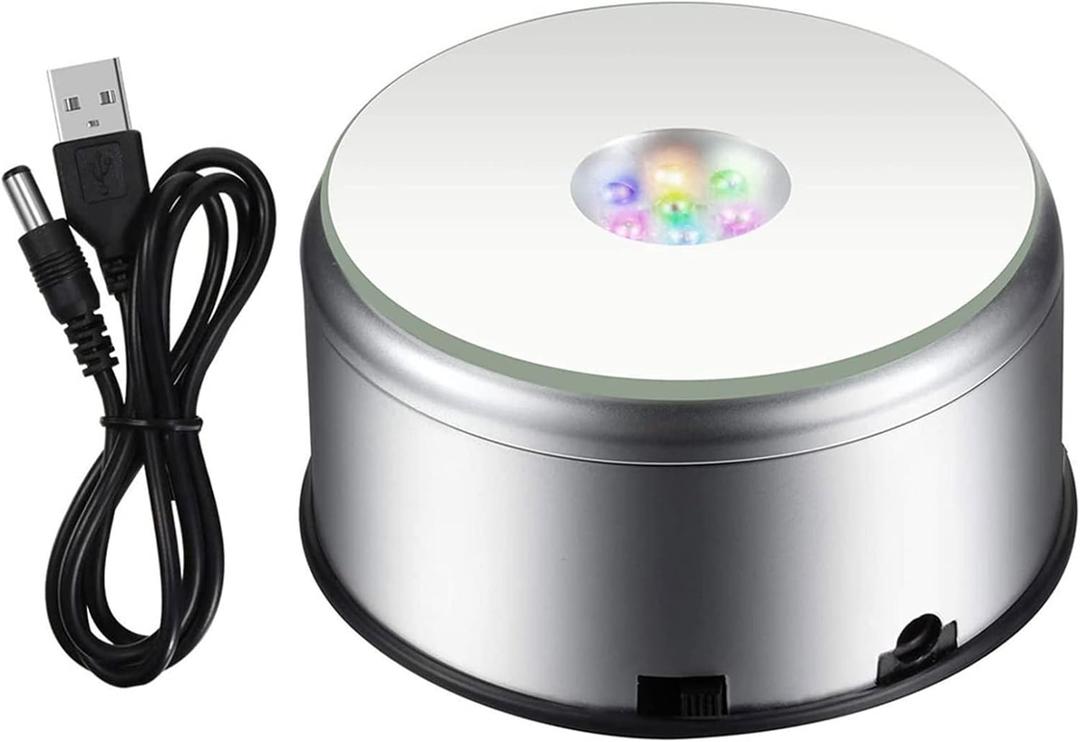 LED Colorful Light Rotating Glass Statue Display Base Round 7-Color LED Night Light Stand with USB Cable Lamp Holder