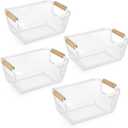 Ziliny 4 Pcs Metal Wire Basket with Wooden Handles Mesh Steel Storage Organizer Bin Containers for Home Organizing Cabinet Pantry Closet Kitchen Fridge Fruit Makeup Snacks Gifts(Small,Cream White)