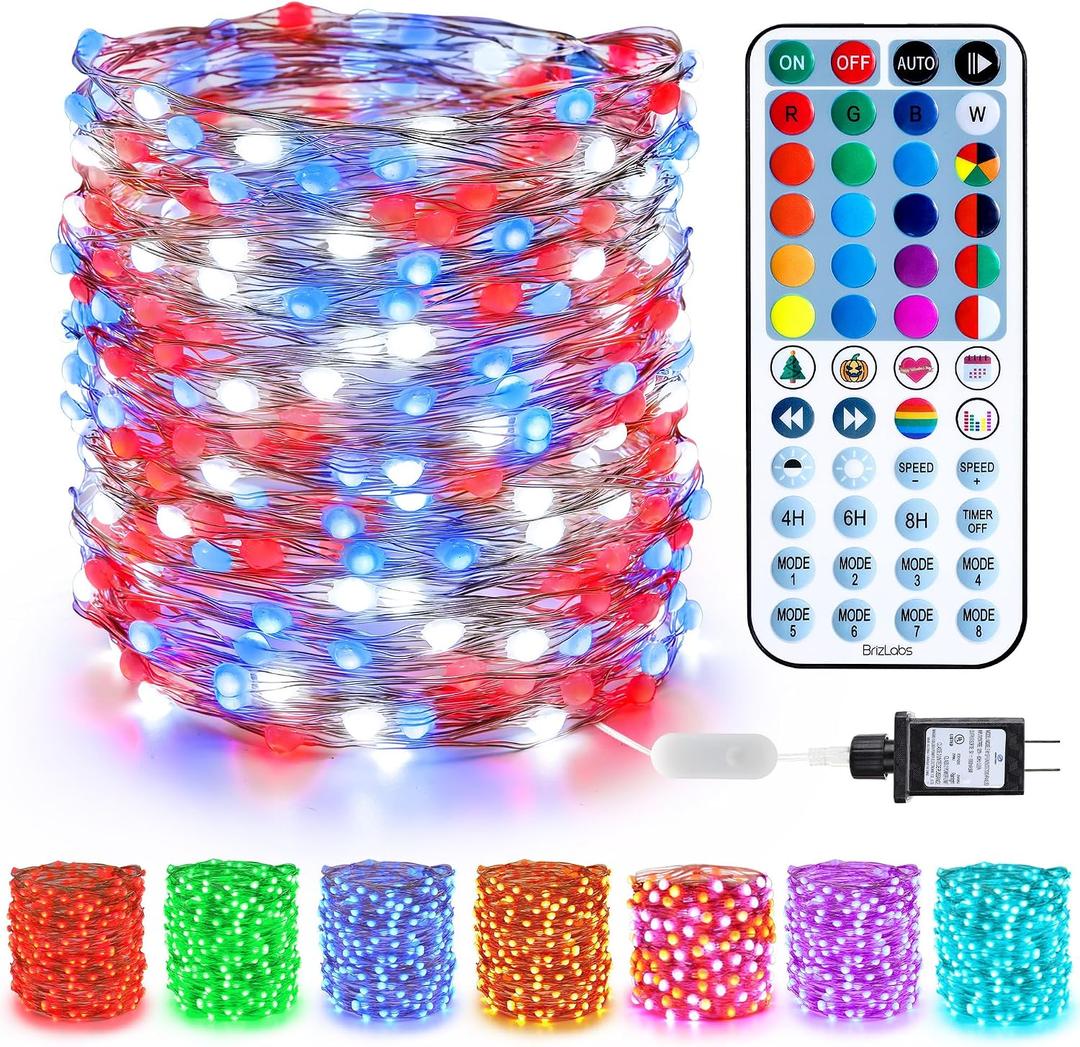 BrizLabs July 4th Fairy Lights, 66ft 200 LED Color Changing Fairy Lights with Remote, Plugin Red White Blue Twinkle Light RGB Rainbow Starry Xmas Light Music Sync for Xmas Halloween Home Party Wedding