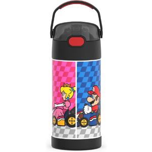 THERMOS FUNTAINER Water Bottle with Straw - 12 Ounce - Kids Stainless Steel Vacuum Insulated Water Bottle with Lid, Super Mario Brothers