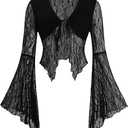 Verdusa Women's Lace Tops Tie Front Bell Long Sleeve Sheer Blouse Crop Tops S