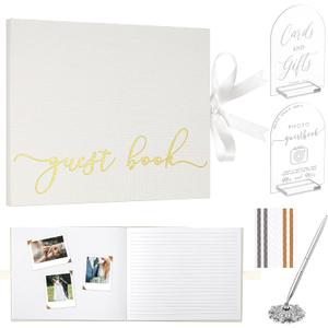 Linen Wedding Guest Book Set 2026 Photo Reception Guestbook Hard Cover 50 Pages with 2 Acrylic Wedding Signs 5 Sheets Photo Corners Stickers 1 Set Silver Pen for Bridal Shower(Classic Beige)