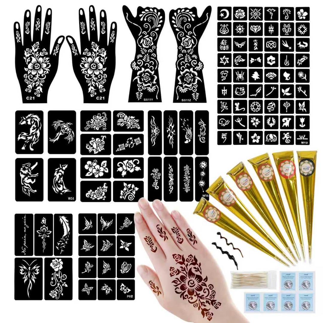 95 PCS Temporary Tattoos Stencils Kit,Temporary Tattoos Kit - 6 Pcs 3 Color(black*1,brown*4 & Red*1) Ink with 6 removal wipes,10 disposable cotton swabs DIY Body Art Painting for Women Men Adults
