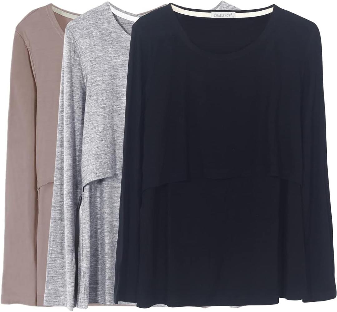 Smallshow Women's Nursing Tops Long Sleeve Shirts for Breastfeeding 3-Pack (Large, Black-brown-light Grey(3 Packs))