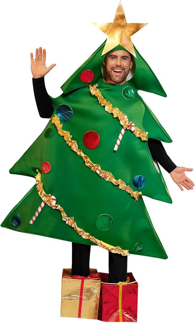 Arvilhill Christmas Tree Costume with Gift Box Shoes Mens Holiday Party Cosplay Outfit Set (M/XL)