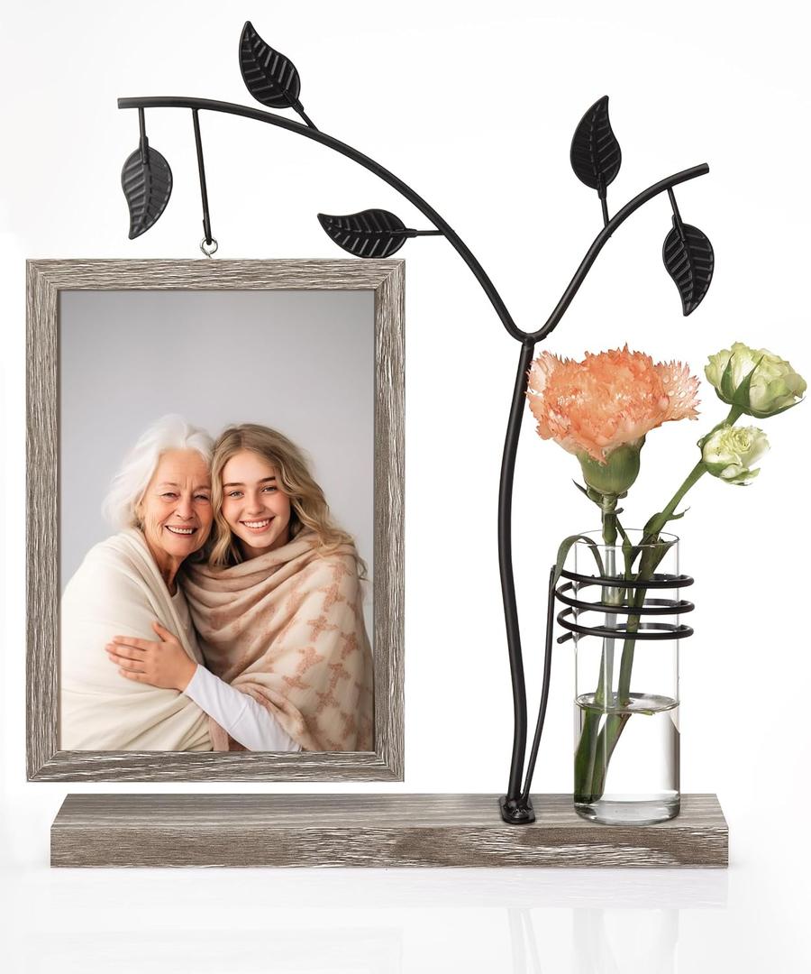 Afuly 5x7 Picture Frame with Bud Vase for Plants Flowers, Family Picture Frames Rustic Double Photo Frame Tabletop Display Decor, Anniversary Wedding Gifts, Dark Brown