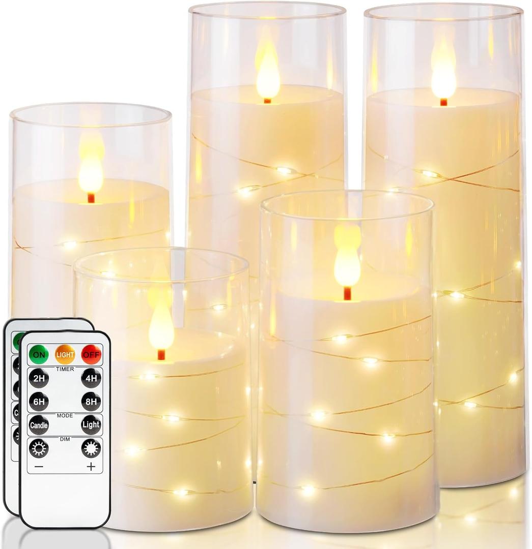 Homemory Flameless Candles with Embedded Star String Fairy Lights, Battery Operated Candles, LED Candle, Fake Candles with Remote Control and Timer, Ivory, Set of 5 (H4 5" 6" 8" 8")