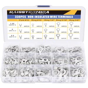 haisstronica Ring Terminals,330PCS Non-Insulated Wire Connectors Kit,Brazed Seam Fork Ring Terminals of Tinned Red Copper,AWG 22-10 Electrical Wire Crimp Connectors
