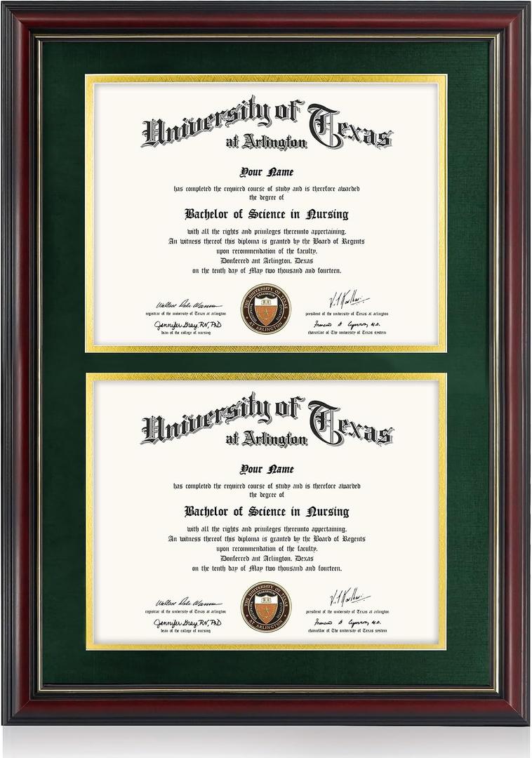 GraduationMall Double 8.5x11 Diploma Frame,Solid Wood & Tempered Glass,Cherry Finish with Gold Trim,Forest Green & Gold Mat