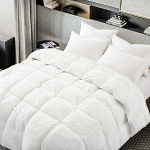 Goose Feather Down Comforter Queen Size, White 100% Cotton Duvet Insert, All Season Hotel Bedding Fluffy Cotton Comforter with Corner Tabs (White, Queen)
