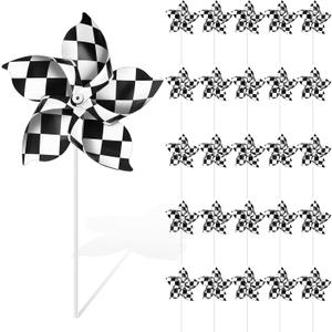 Hungdao 25 Pcs Checkered Flag Party Supplies Pinwheels Race Car Party Supplies Black and White Checkered Stripes Racing Flag Pinwheels Windmill Wind Spinner for Kids Adults Birthday Yard Decoration