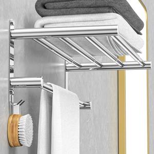 CAXIMSY Adjustable Towel Bar for Bathroom Wall Mount17-30.7inch Adhesive Shower Towel Rack Stainless Steel Bath Towel Holders for Toilet Kitchen Double Towel Hanger (2-Layer Towel Rack)