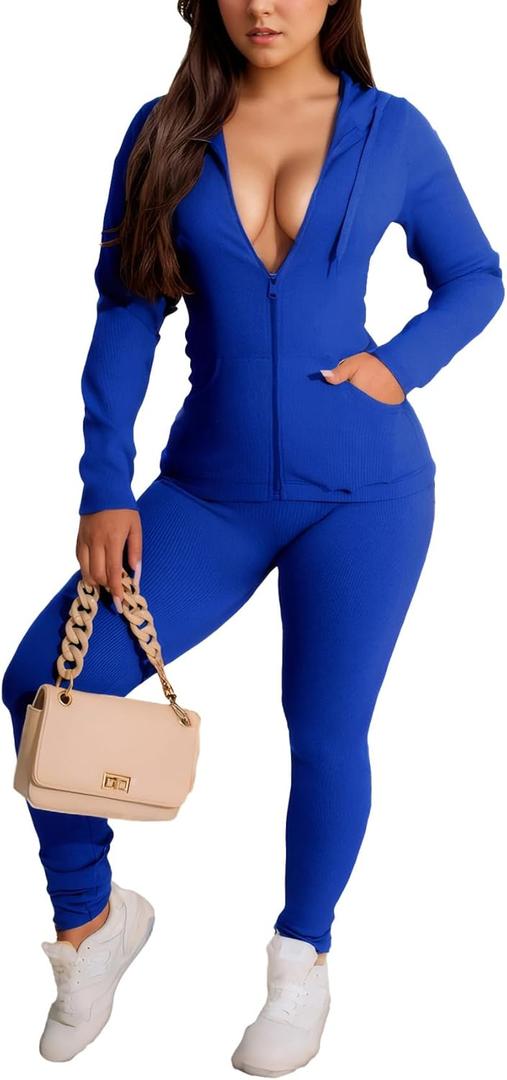 YeGine Women 2 Piece Outfits Long Sleeve Tracksuit Bodycon Matching Sets Hoodie Jacket Jogging Suit (XX-Large, 1-royal Blue)