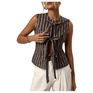 MakeMeChic Women's Striped Vest Tops Sleeveless Bow Tie Front Tops Going Out Brown X-Small
