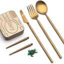 Outlery | Portable & Reusable Stainless Steel Travel Cutlery Set and Reusable Chopsticks (Metallic Gold) Pocket Sized Cutlery Set