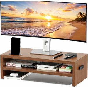 BONTEC Walnut Monitor Stand Riser, 21.3 Inch 2-Tier Wood Desk Shelf for Monitor & Laptop, Desktop Organizer with Cable Management and Phone Holder, Ergonomic Computer Riser, 66 lbs Capacity
