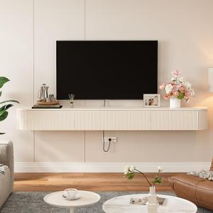 FloatiCasa Floating TV Stand with Drawers 94'',Wall Mount TV Stand,Floating Entertainment Center Shelf for Bedroom Living Room Under TV,Fully Assembled,Off-White