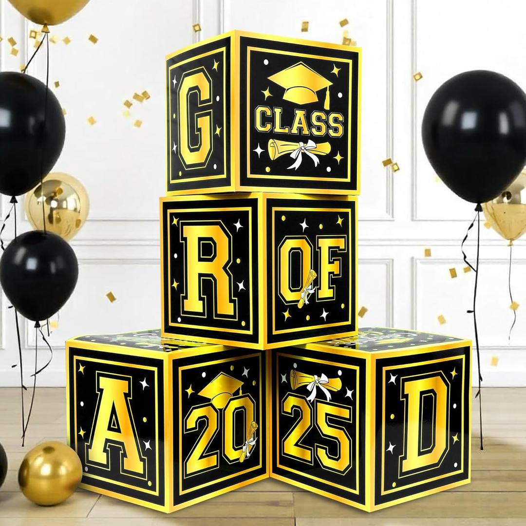 KatchOn, Black and Gold Graduation Balloon Box - 4 Boxes | Black and Gold Grad Decoration Box | Graduation Party Decorations | Grad Party Decorations 2025, Graduation Decorations 2025 | Class of 2025