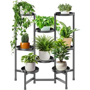 5 Tier Plant Stand Indoor Tall, Adjustable Black Plant Shelf for Multiple 8 Potted Flower Plants Holders, Corner Metal Flower Display Rack for Patio Garden Balcony Living Room Office (A) (8 pots-Black)