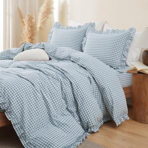 Dusty Blue Gingham Ruffle Duvet Cover King Size 3 Piece Cotton Blue Plaid Comforter Cover, Ruffled Shabby Chic Checkered Bedding Set with Zipper Closure & Corner Ties(Comforter Not Included)