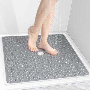 OTHWAY Square Shower Mat, 27"x 27" Extra Large Shower Mats for Inside Shower, TPE Anti Slip Shower Mat with Suction Cups Drain Holes, Machine Washable Shower Floor Mat (Grey)