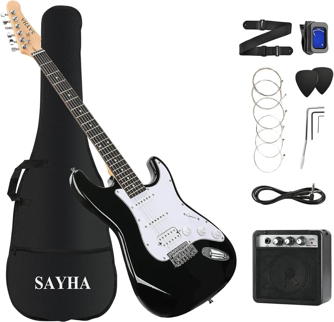 SAYHA Electric Guitar, 39 Inch Solid Full-size Electric Guitar HSS Pickups Starter Kit Includes Amplifier, Bag, Digital Tuner, Strap, String, Cable, PicksBlack