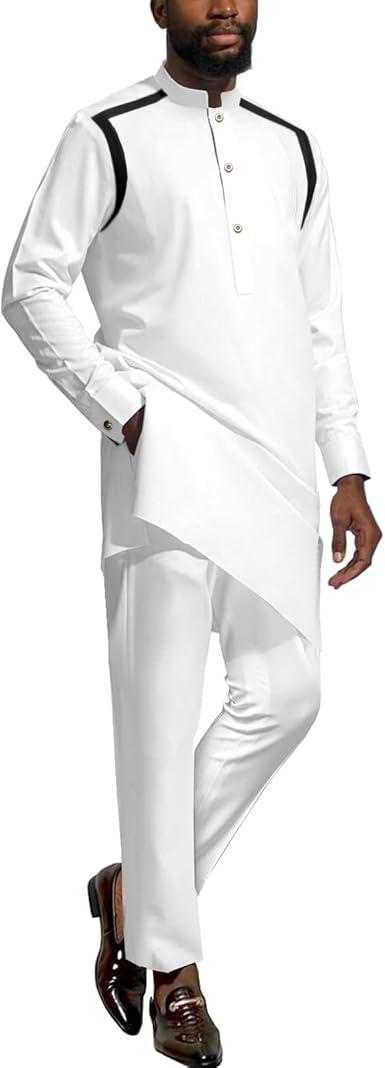 African Dashiki Suits for Men Shirt Pants 2 Piece Set Outfit Nigerian Clothes Wedding Attire Clothing (Large, White)