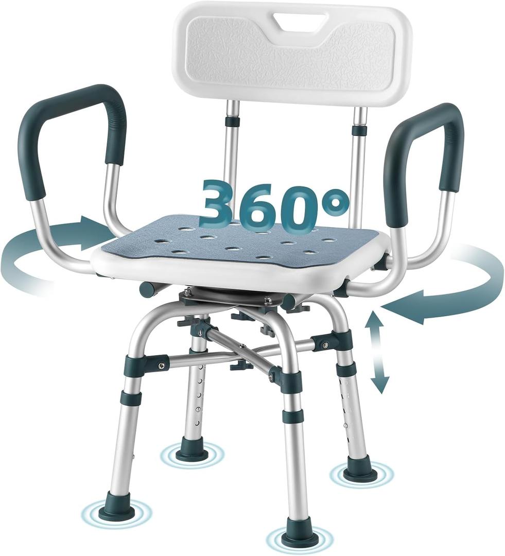 Swivel Shower Chair with Arms and Back, 500 lbs Heavy Duty Shower Stool for Inside Shower Stall and Bathtub, Height Adjustable Rotating Shower Chair & Seat for Elderly, Adults, Handicap and Disabled