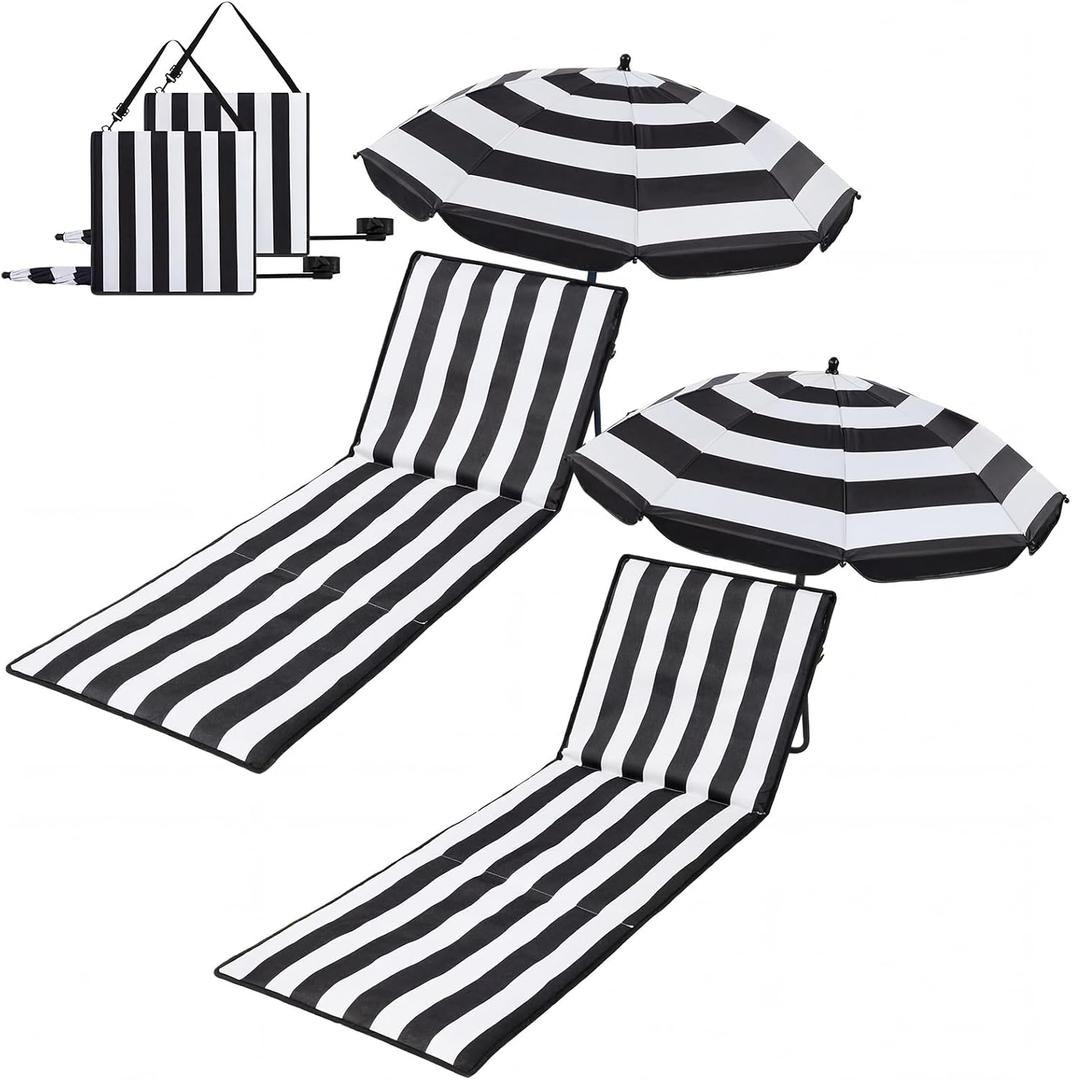 Briwooody 2 Set Beach Chairs with Umbrella Portable Beach Lounger Lightweight Foldable Outdoor Lounger Chair for Outdoor Travel Sunbathing Camping, Black and White Stripe