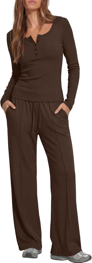 Darong Womens 2 Piece Matching Lounge Sets 2026 Long Sleeve Henley Shirts Wide Leg Pants Airport Travel Outfits Small
